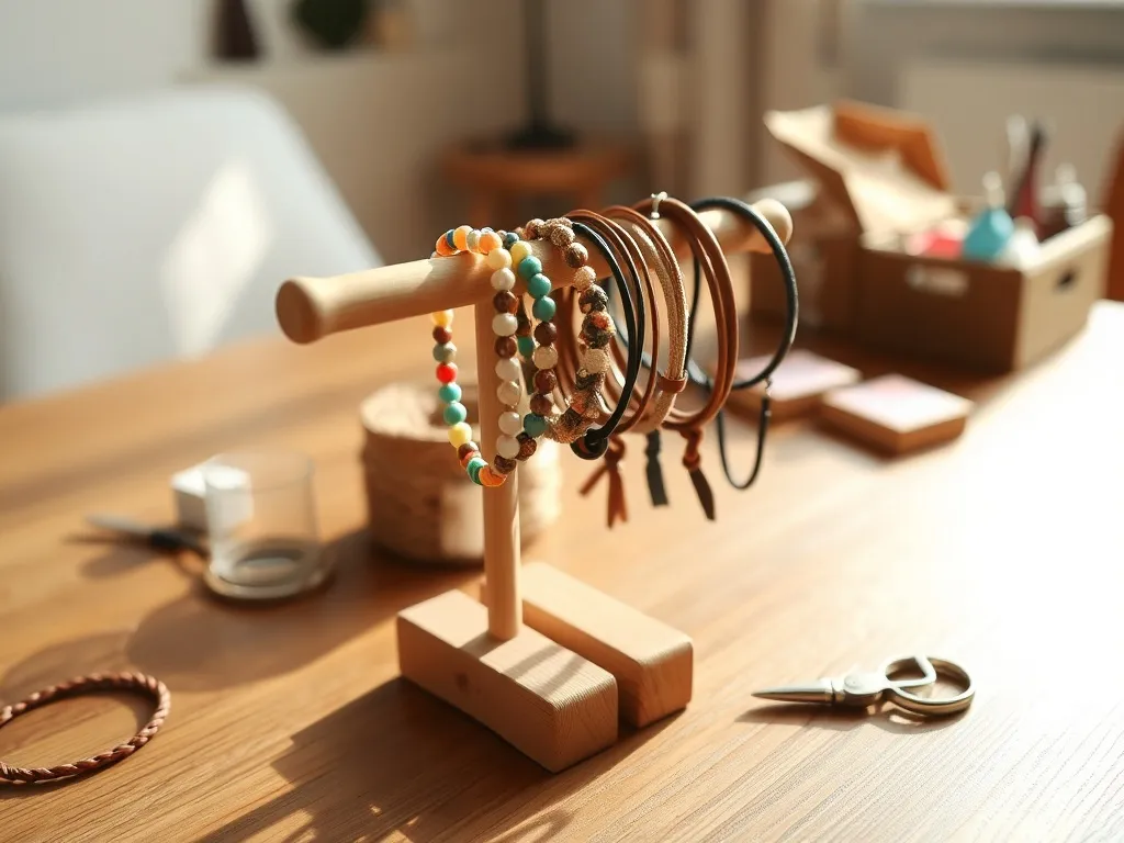 Prosty, ręcznie zrobiony stojak na bransoletki z kolorowymi ozdobami na drewnianym stole w przytulnym, domowym wnętrzu