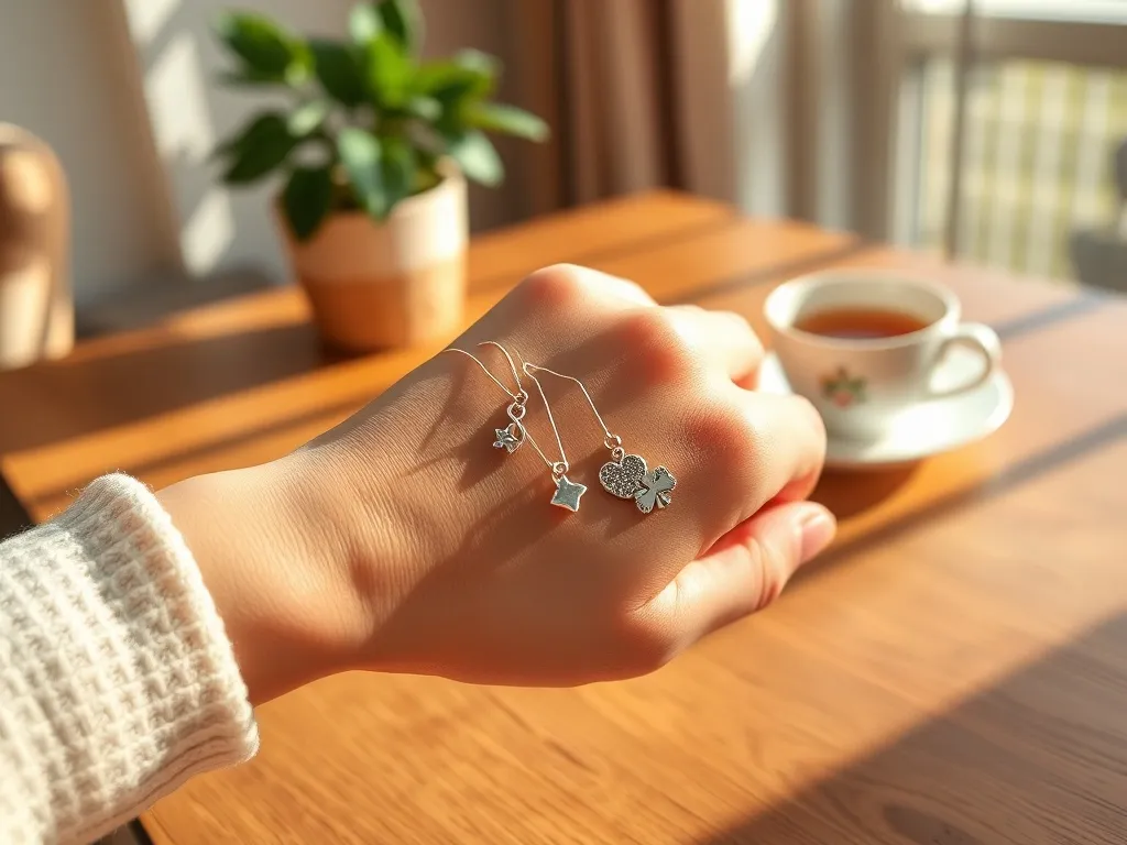 Dłoń kobiety z delikatnymi bransoletkami z koniczynką, sercem, gwiazdą i znakiem nieskończoności na stole w przytulnym wnętrzu.