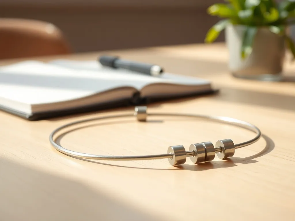 Minimalistyczna metalowa bransoletka tensorowa na drewnianym stole, podkreślająca prostą budowę i delikatny, naturalny charakter.
