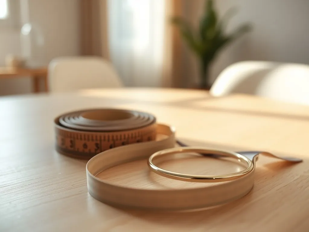 Elegancka bransoletka obok miękkiej miarki krawieckiej, ilustrująca sposób zmierzenia obwodu nadgarstka.