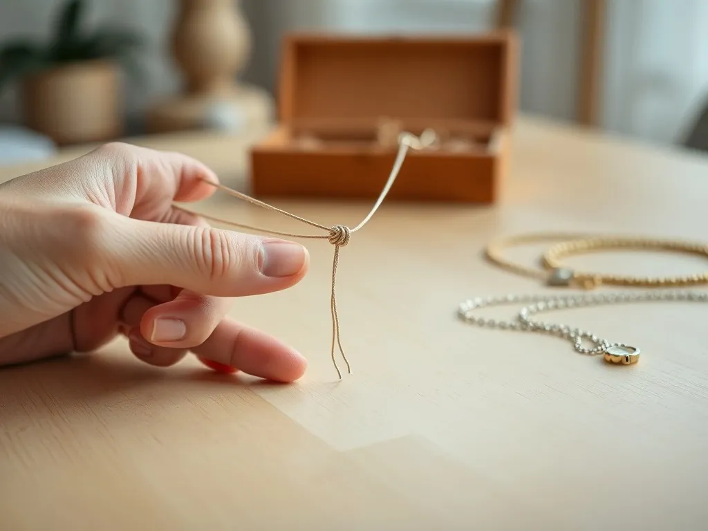 Dłonie delikatnie rozplątują supełek na cienkim naszyjniku, obok w tle widoczne uporządkowane pudełko z biżuterią