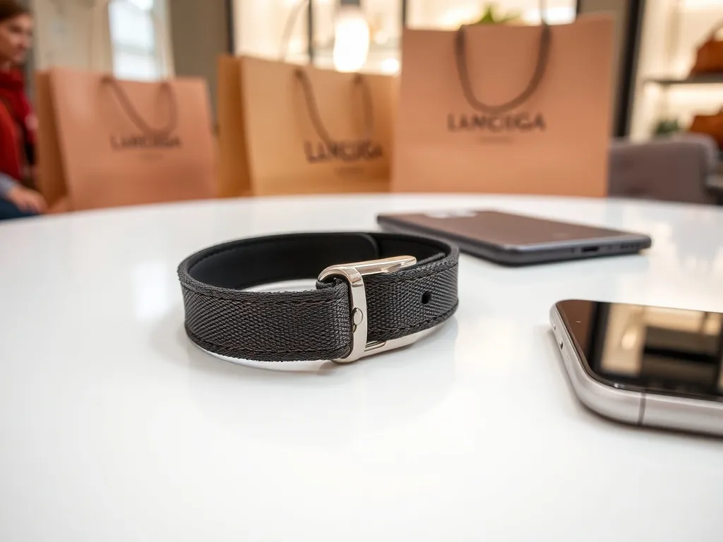 Minimalistyczna bransoletka Balenciaga na białym stole, w tle rozmyte luksusowe torby i smartfon w butikowej aranżacji.