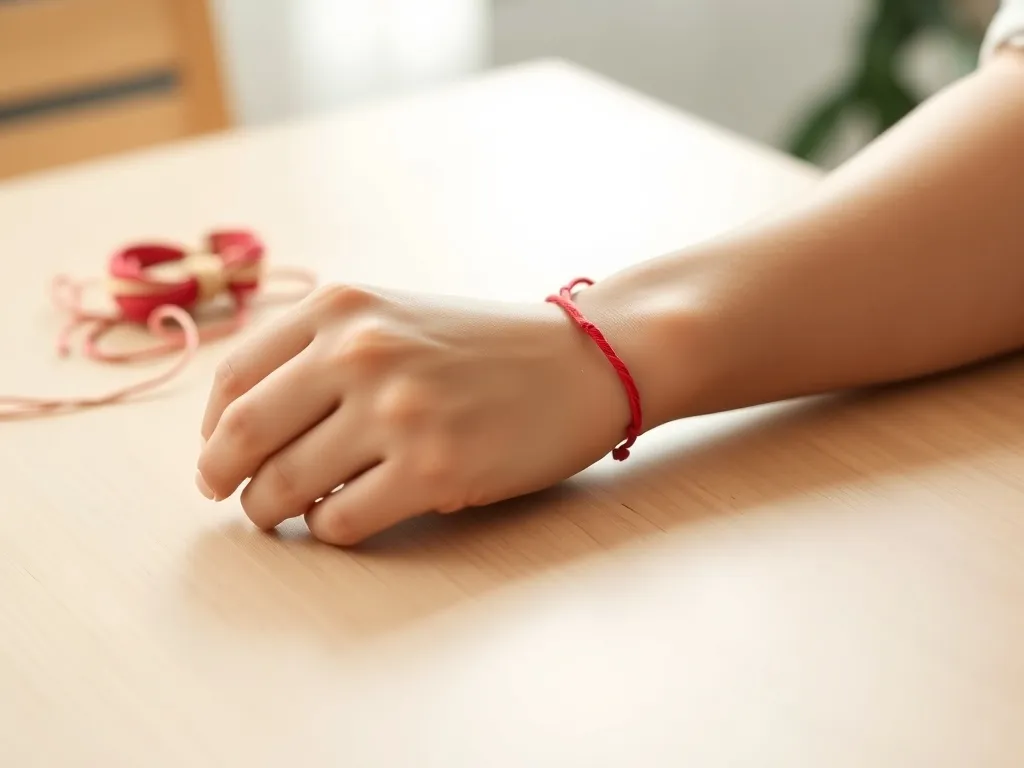 Dwie dłonie wiążą czerwoną sznurkową bransoletkę na nadgarstku, w tle kolorowe nici i koraliki na jasnym stole