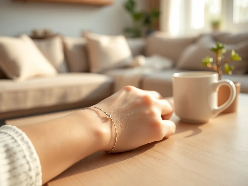 Delikatna srebrna bransoletka linia życia na nadgarstku kobiety w spokojnym, minimalistycznym, domowym wnętrzu.