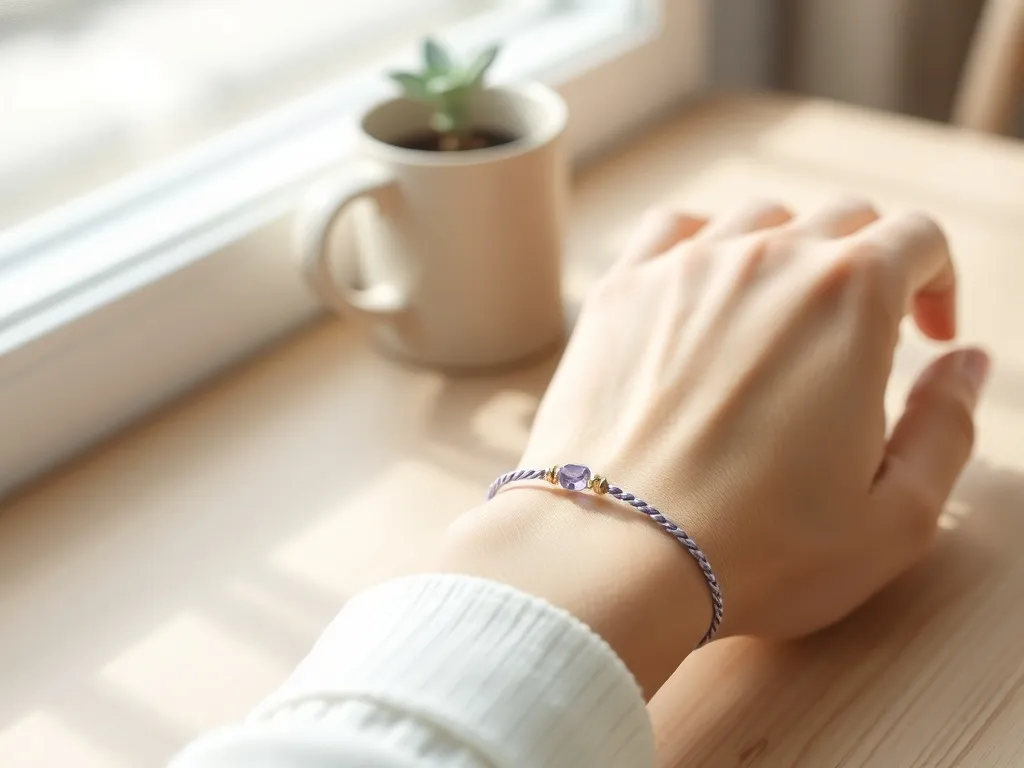 Delikatna fioletowa bransoletka na nadgarstku, w ciepłym, przytulnym otoczeniu, subtelnie podkreślająca osobisty styl.