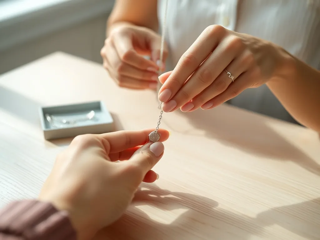 Dłonie kobiety zapinają delikatny srebrny naszyjnik na stole, obok leżą proste łańcuszki w jasnej, pastelowej scenerii.