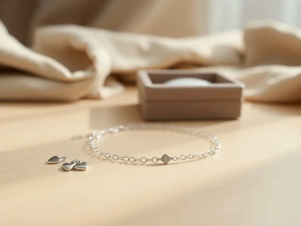 Delikatna srebrna bransoletka na charmsy na jasnym stole, obok proste zawieszki; w tle miękkie, przytulne tło biżuteryjne.