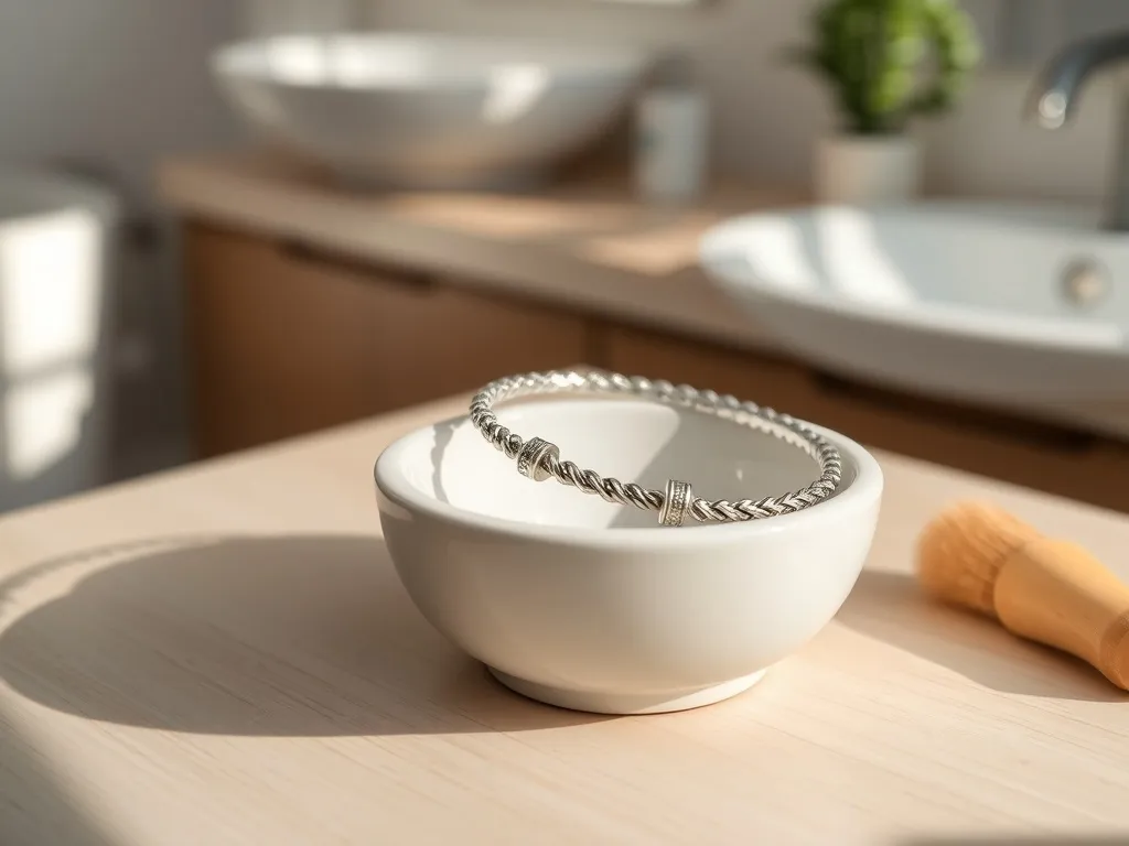 Srebrna bransoletka Pandora w miseczce do czyszczenia, obok delikatna szczoteczka na jasnym, minimalistycznym tle.