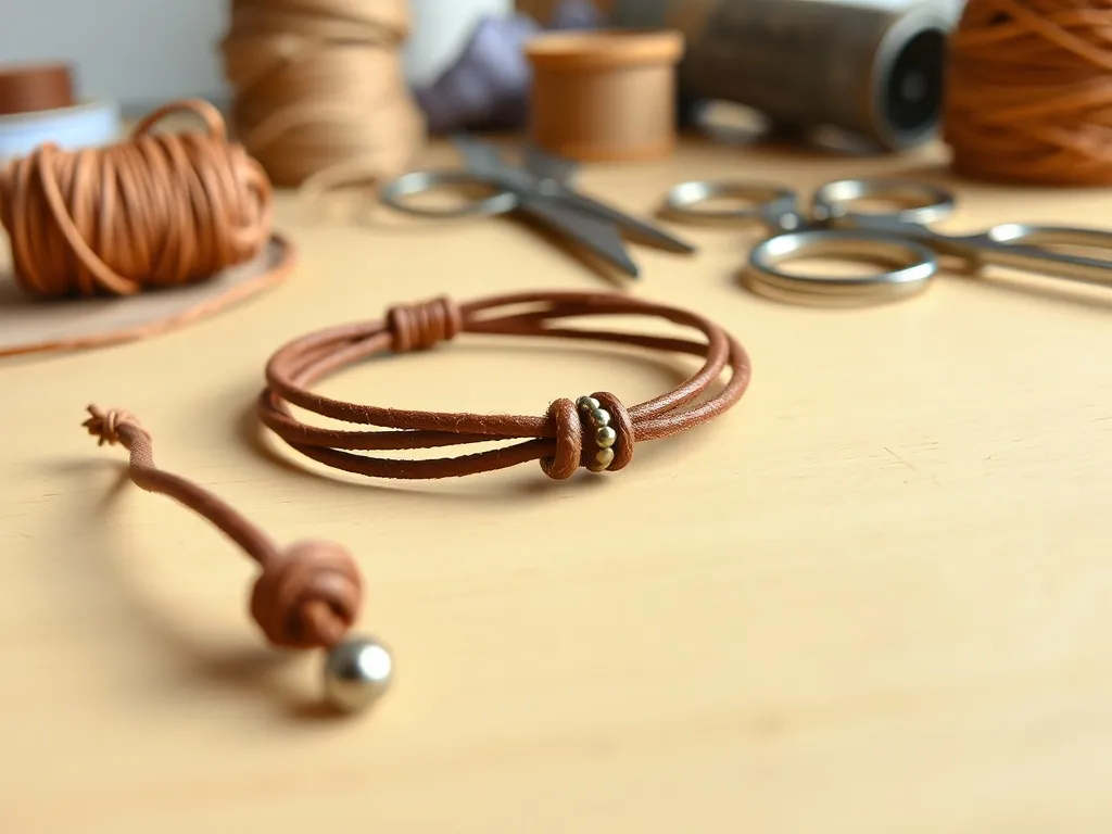 Prosta bransoletka z rzemyka z metalowymi koralikami na stole obok nożyczek i szpuli sznurka, gotowa do samodzielnego wykonania.
