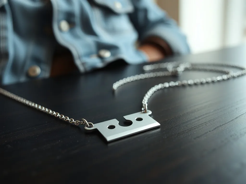 Minimalistyczny srebrny naszyjnik w kształcie żyletki na ciemnym drewnie, w tle dżinsowa kurtka podkreślająca streetwearowy styl.