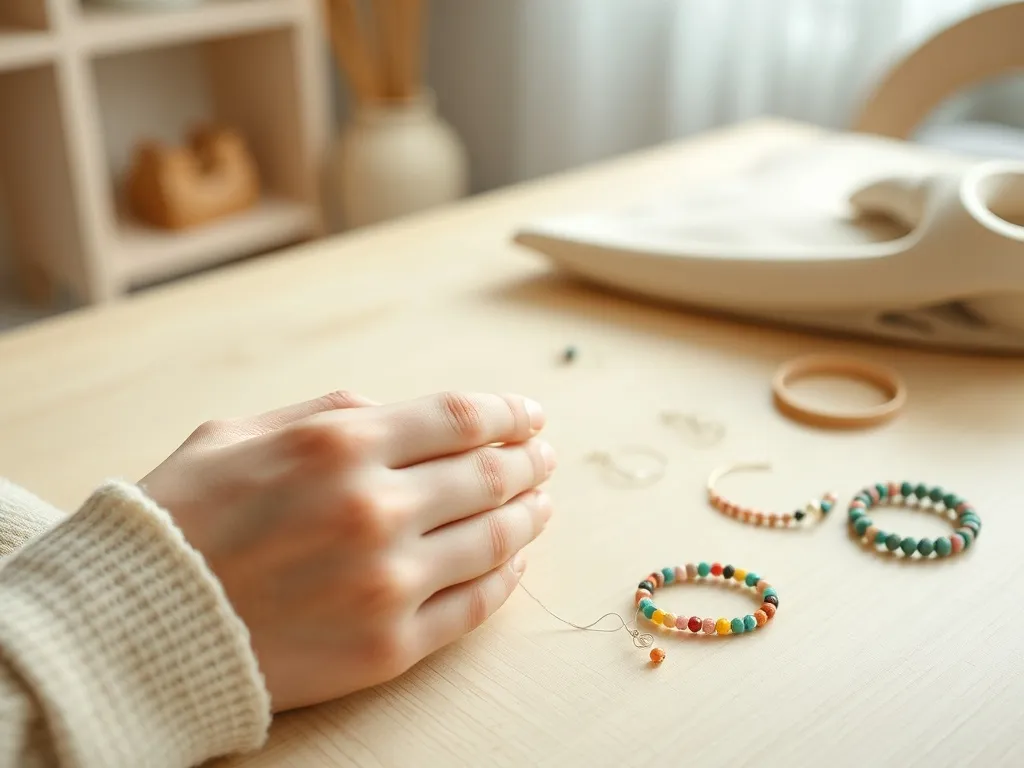 Dłonie nawlekające kolorowe koraliki na żyłkę, obok proste narzędzia i gotowe bransoletki DIY w przytulnym wnętrzu.