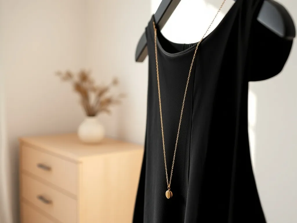 Delikatny złoty naszyjnik z małym wisiorkiem ułożony na prostej czarnej sukience, tworzący elegancki, minimalistyczny zestaw.