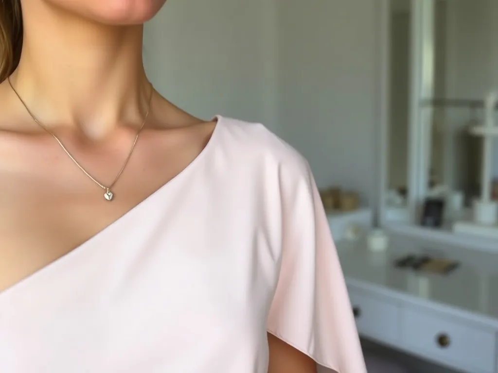 Kobieta w pastelowej sukience na jedno ramię z delikatnym naszyjnikiem na obojczyku, subtelna, minimalistyczna stylizacja.