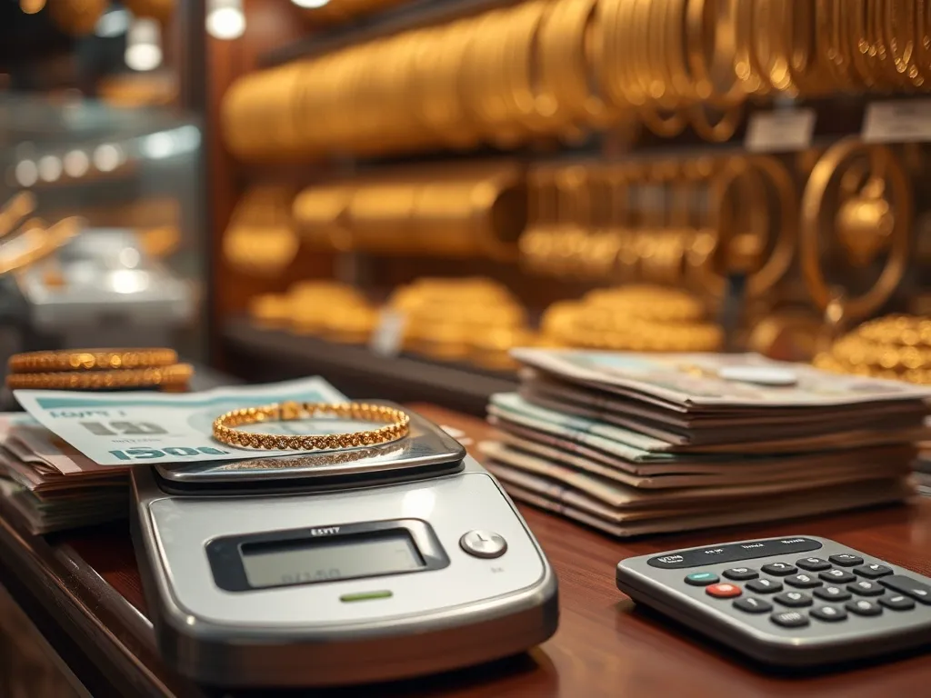 Złota bransoletka na wadze obok egipskich banknotów i kalkulatora, ilustrująca obliczanie ceny złota w Egipcie.