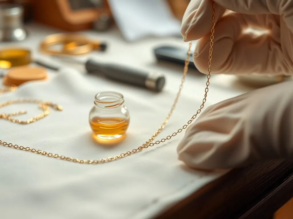 Delikatny pozłacany naszyjnik przy ręce jubilerskiej, obok fiolki z roztworem – ilustracja procesu złocenia biżuterii.