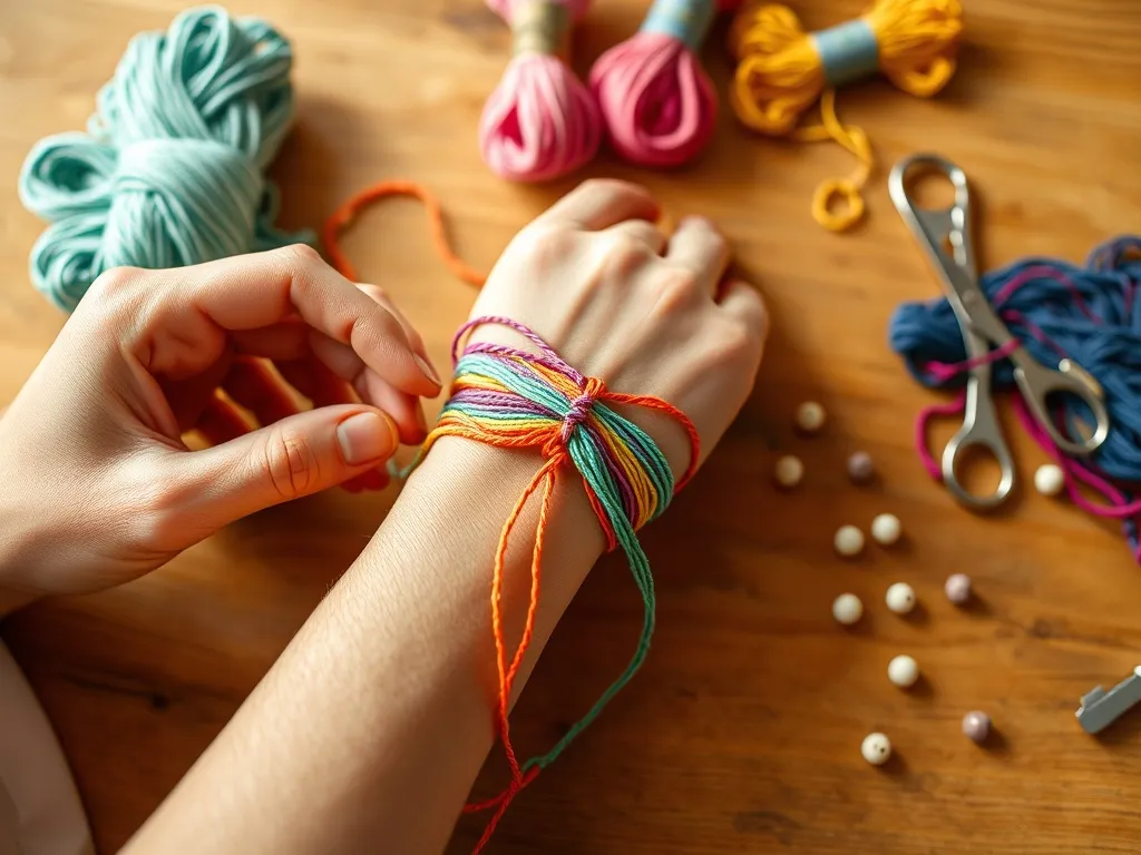 Dwie osoby wiążą na nadgarstku kolorową bransoletkę przyjaźni z muliny, na stole nici, koraliki i nożyczki.