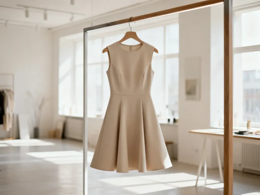 Elegancka sukienka o kroju litery A zawieszona na drewnianym wieszaku w jasnym, minimalistycznym atelier.