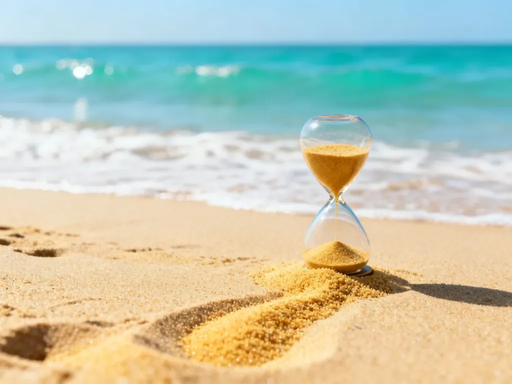Klepsydra na piaszczystej plaży z widokiem na morze, symbolizująca upływ czasu podczas opalania.