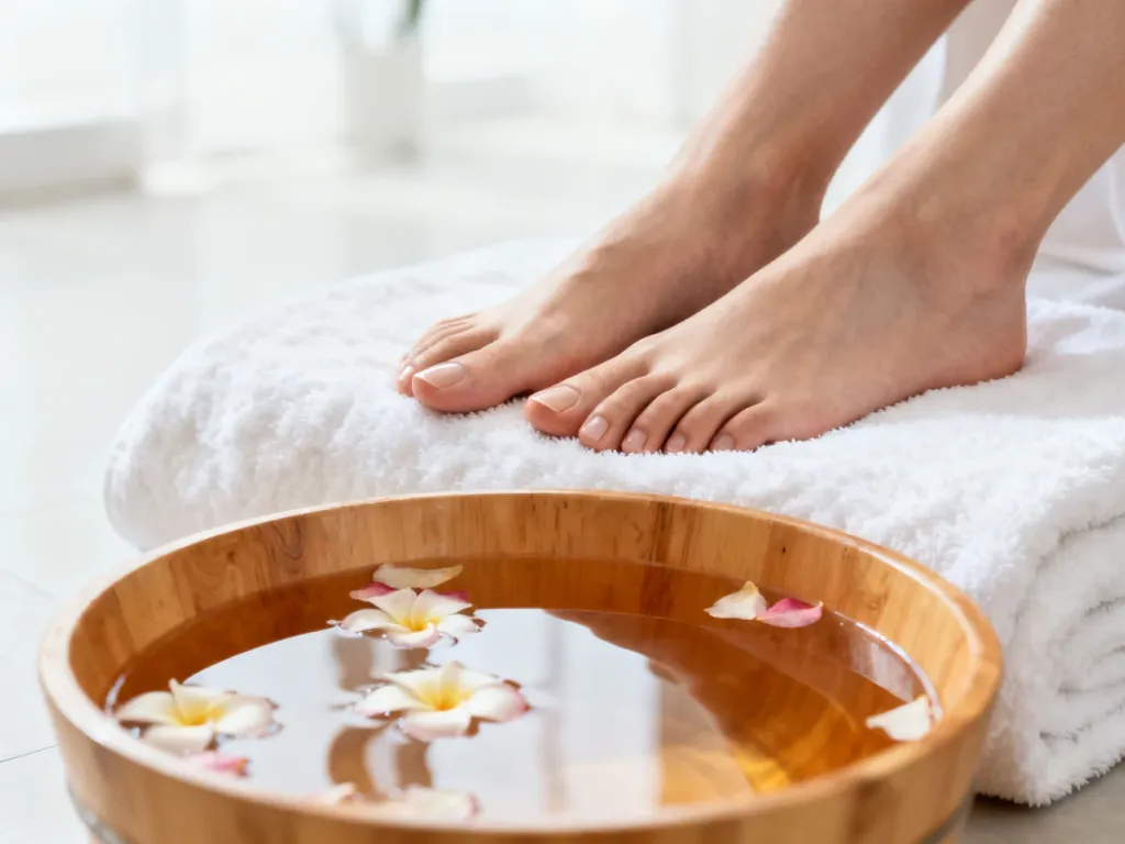 Zadbane stopy odpoczywające na białym ręczniku obok misy z wodą i płatkami kwiatów w profesjonalnym salonie spa.