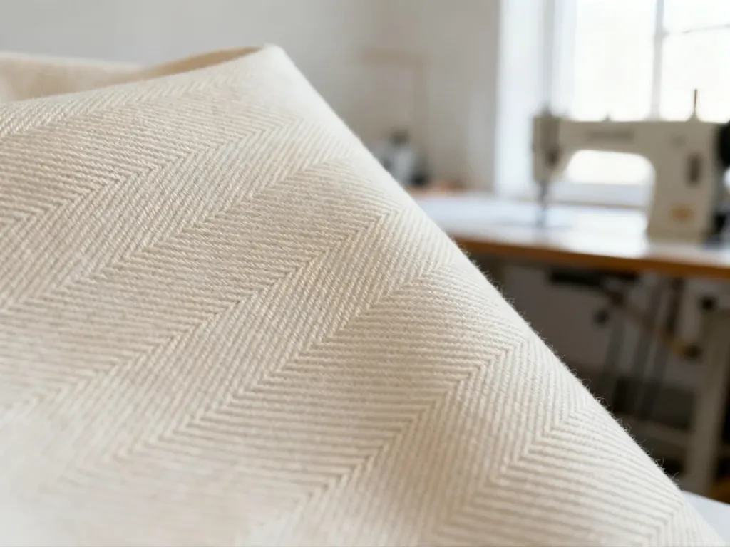 Zbliżenie na charakterystyczny diagonalny splot tkaniny typu twill w neutralnym odcieniu.